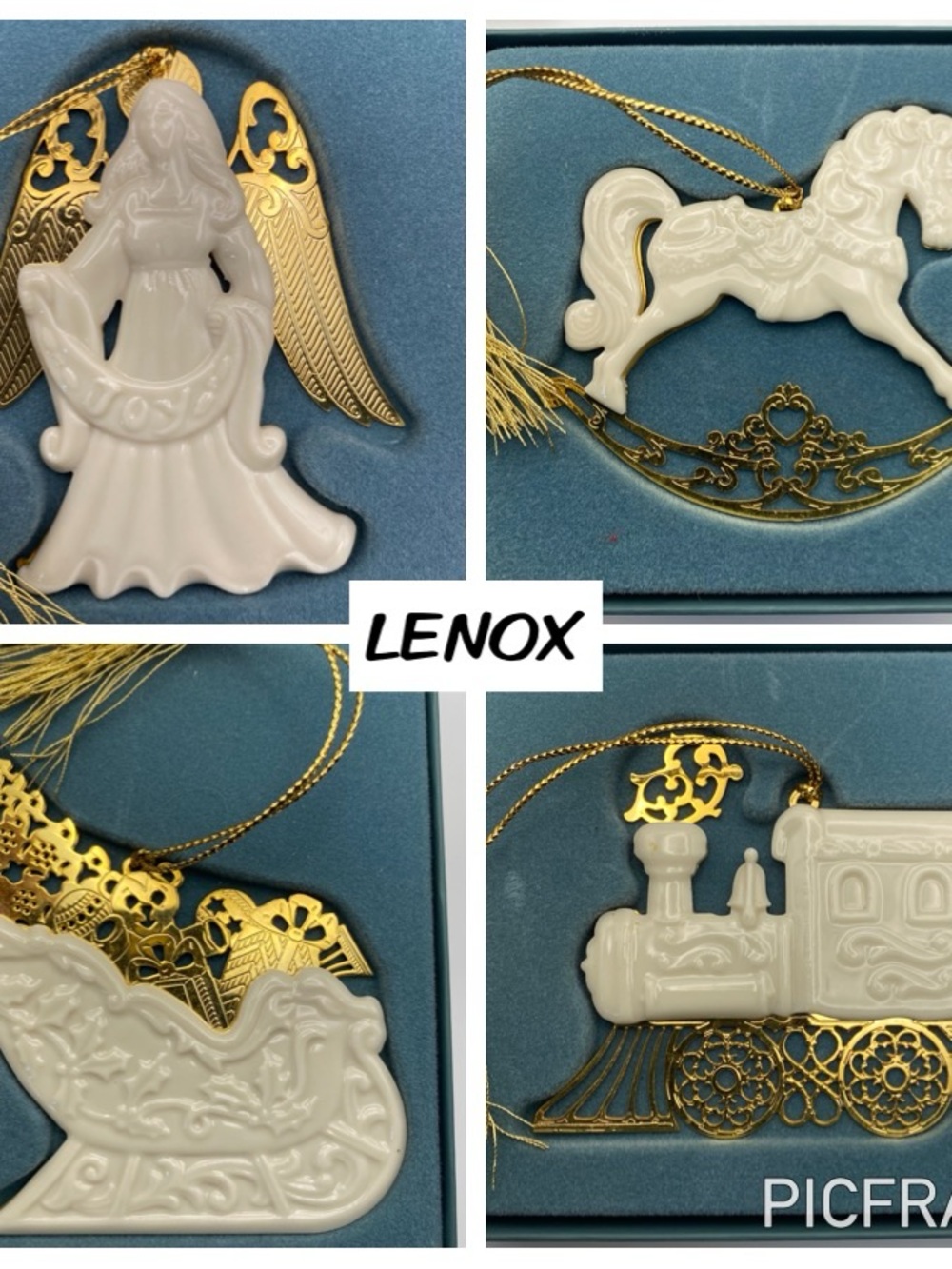 Lenox White Porcelain Angel, Horse, Sleigh & Train Ornaments with Gold Accents